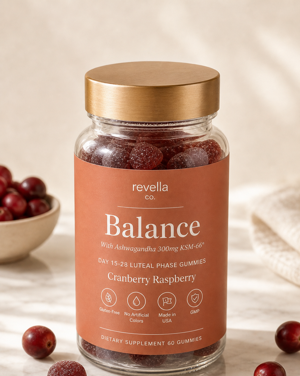 Revella Balance luteal phase gummies, Cranberry Raspberry, 60 gummies, full bottle