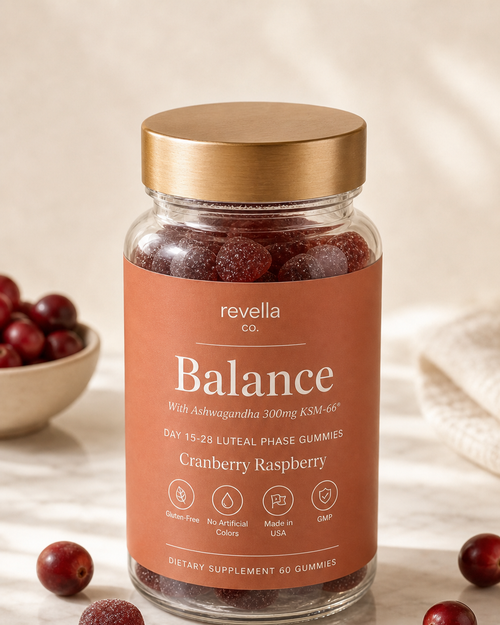 Revella Balance luteal phase gummies, Cranberry Raspberry, 60 gummies, full bottle