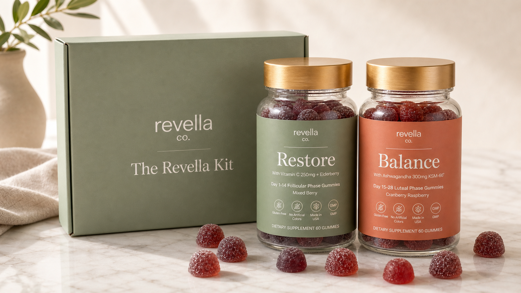 Revella both bottles on bathroom counter with trust badges