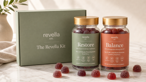 Revella both bottles on bathroom counter with trust badges